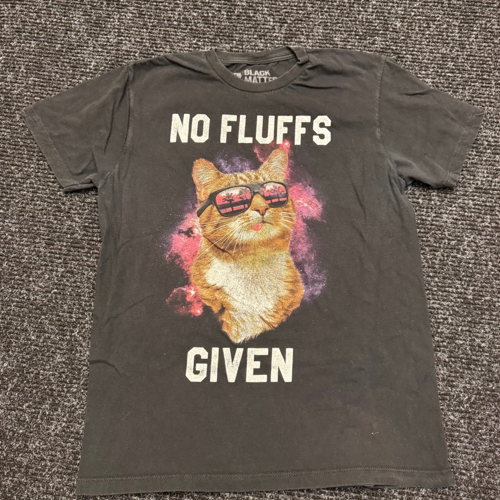 Black Matter No Fluffs Given Cat Graphic Tee Shirt Black Large Space Sunglasses